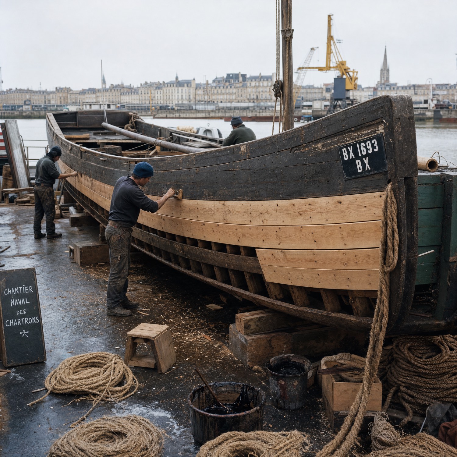 Restauration de pinasse dans un atelier