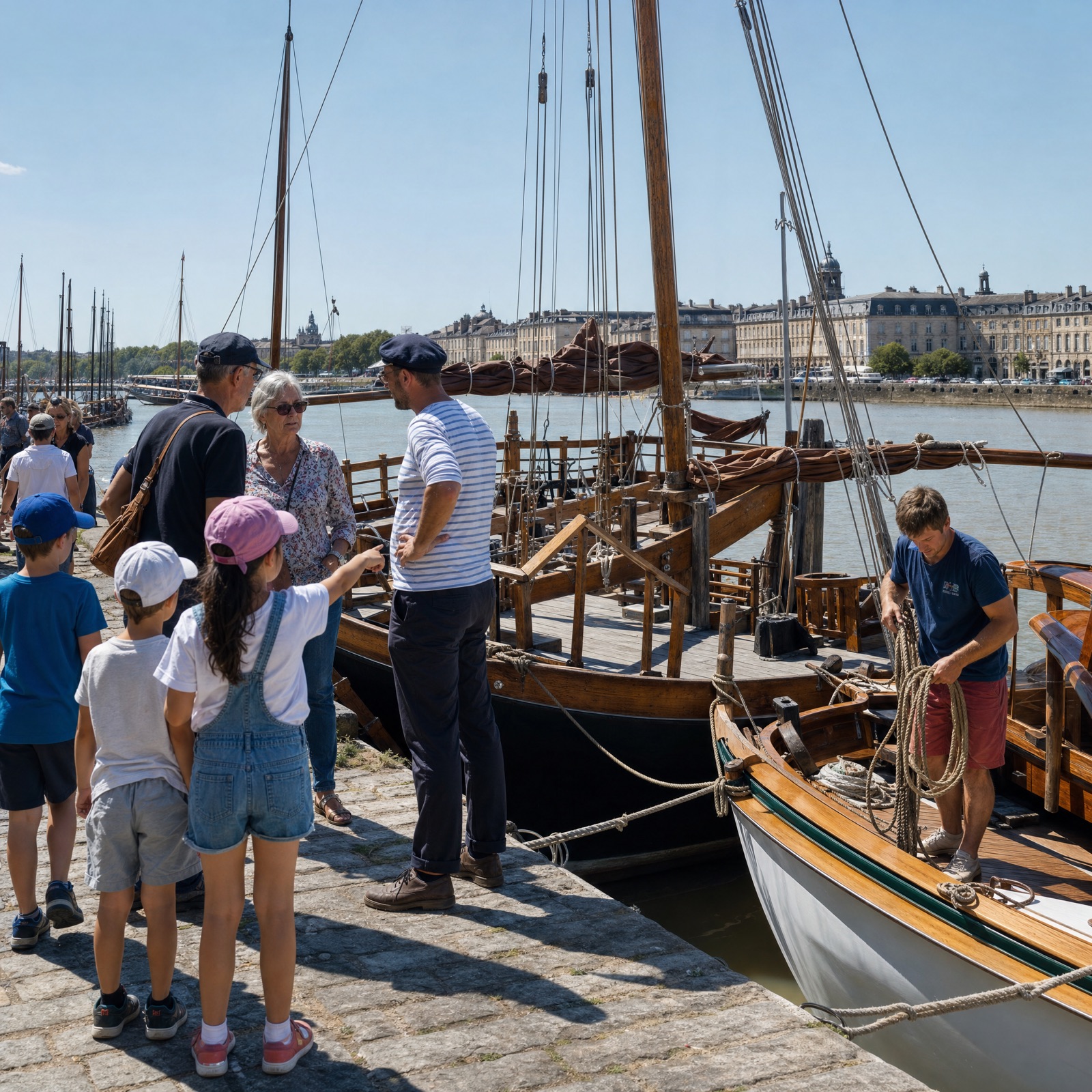 Groupe de jeunes élèves rassemblés autour d'une pinasse restaurée sur un ponton du bassin d'Arcachon, accompagnés d'un bénévole guide